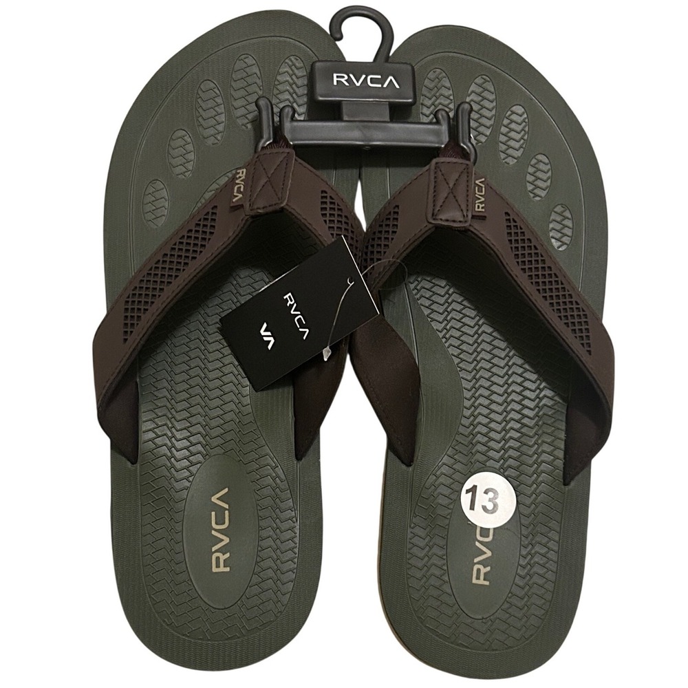 RVCA Perforated TBar Mens Flip‎ Flops Olive Green Brown Sandals 103063 Size 13